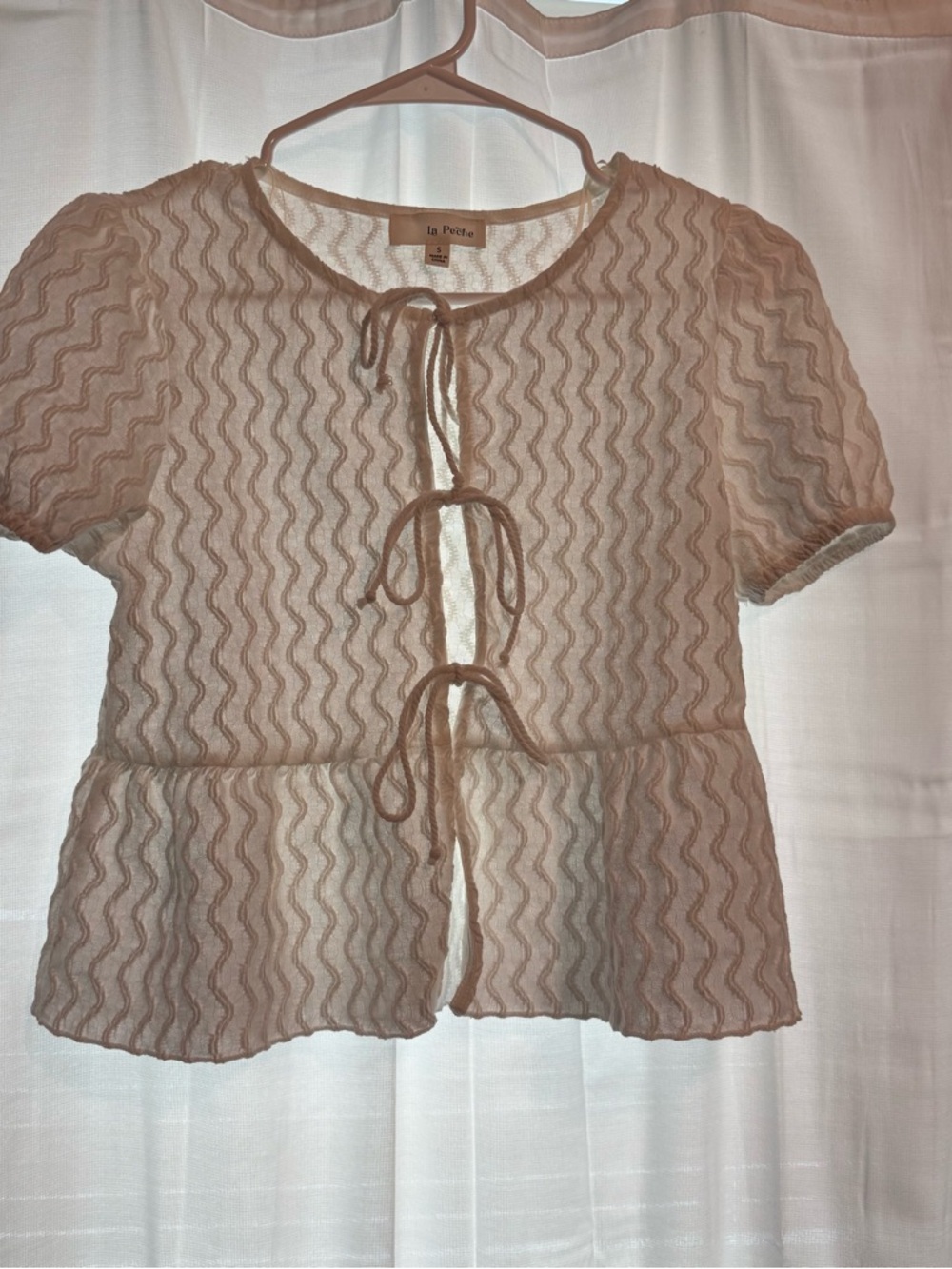 Sheer Tie-Front Peplum Top in Beige